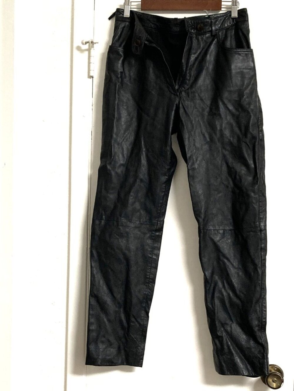 Harvé Benard Women's Black Leather Pants Flat Front Solid Zip Button